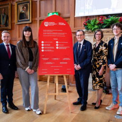 Social Charter Signatories from L to R, Dr Ryan Feeney, Beth Elder, Professor Sir Ian Greer, Professor Judy Williams (Pro-Vice-Chancellor, Education and Students) and Kieran Minto (SU President Elect)